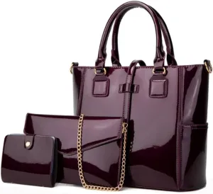 YAQUNICER Patent Tote and Purse 3pcs for Women Glossy PU Top-handle Handbags Chain Messenger Bag Clutch Card Holder
