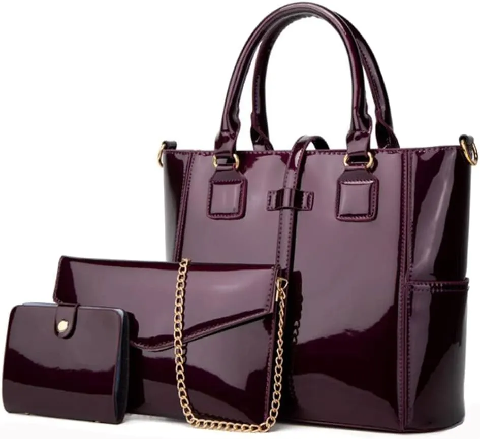 YAQUNICER Patent Tote and Purse 3pcs for Women Glossy PU Top-handle Handbags Chain Messenger Bag Clutch Card Holder
