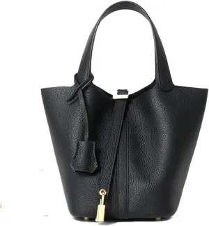 Yatoga Top Handle Satchel Genuine Leather Lock Design Bucket Bag Vegetable Basket, Fashionable and Versatile Shoulder Handbag