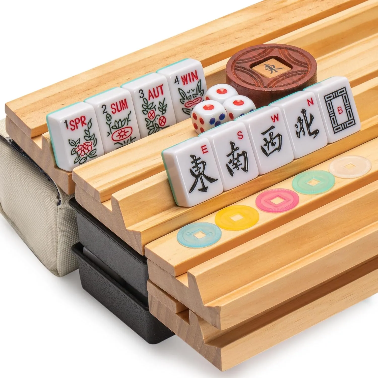 Yellow Mountain Imports American Mahjong Set, Harbor Mint with Beige and Blue Canvas Tote Bag - 4 All-in-One Racks with Pushers, Wright Patterson Scoring Coins, Dice, & Wind Indicator