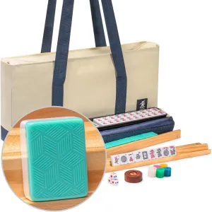 Yellow Mountain Imports American Mahjong Set, Harbor Mint with Beige and Blue Canvas Tote Bag - 4 All-in-One Racks with Pushers, Wright Patterson Scoring Coins, Dice, & Wind Indicator