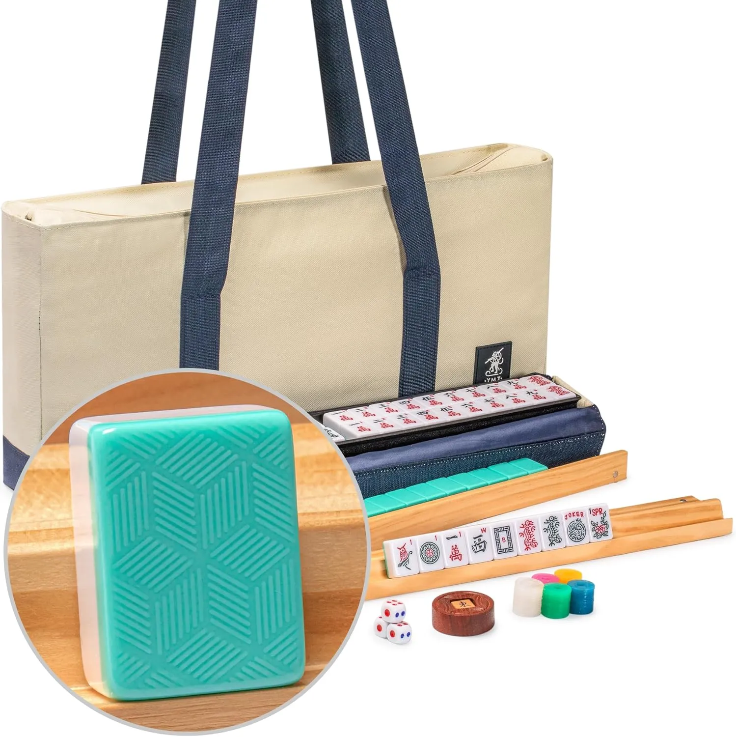 Yellow Mountain Imports American Mahjong Set, Harbor Mint with Beige and Blue Canvas Tote Bag - 4 All-in-One Racks with Pushers, Wright Patterson Scoring Coins, Dice, & Wind Indicator