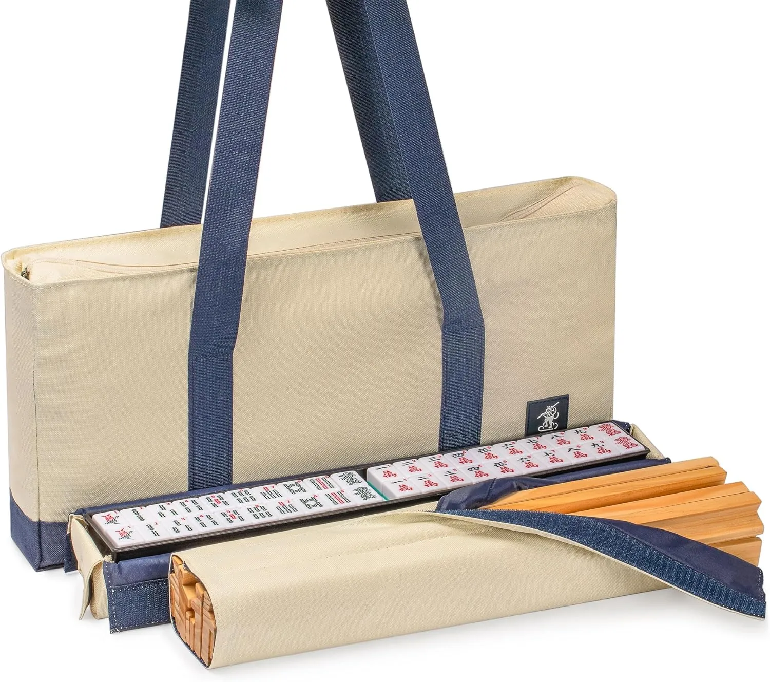 Yellow Mountain Imports American Mahjong Set, Harbor Mint with Beige and Blue Canvas Tote Bag - 4 All-in-One Racks with Pushers, Wright Patterson Scoring Coins, Dice, & Wind Indicator