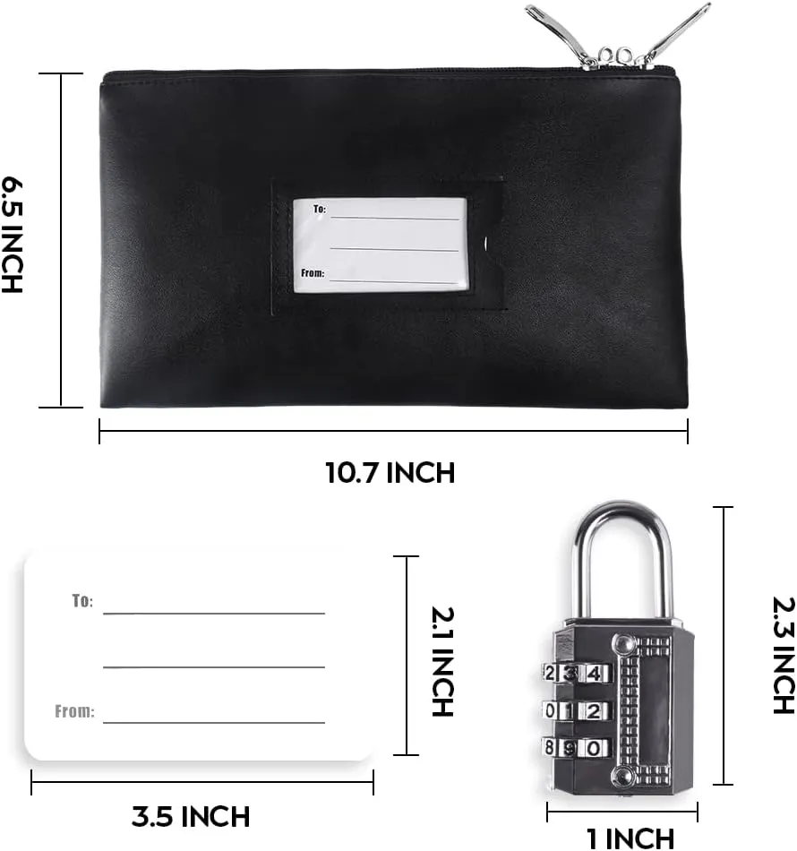 Yelsky 2 Pack Money Bag with Lock, 11 x 6 Inch Eco-Friendly PU Leather Money Bag with Zipper For Depositing Cash and Bank Deposits， Money Pouch Apply to Business, Household, Personal Use.