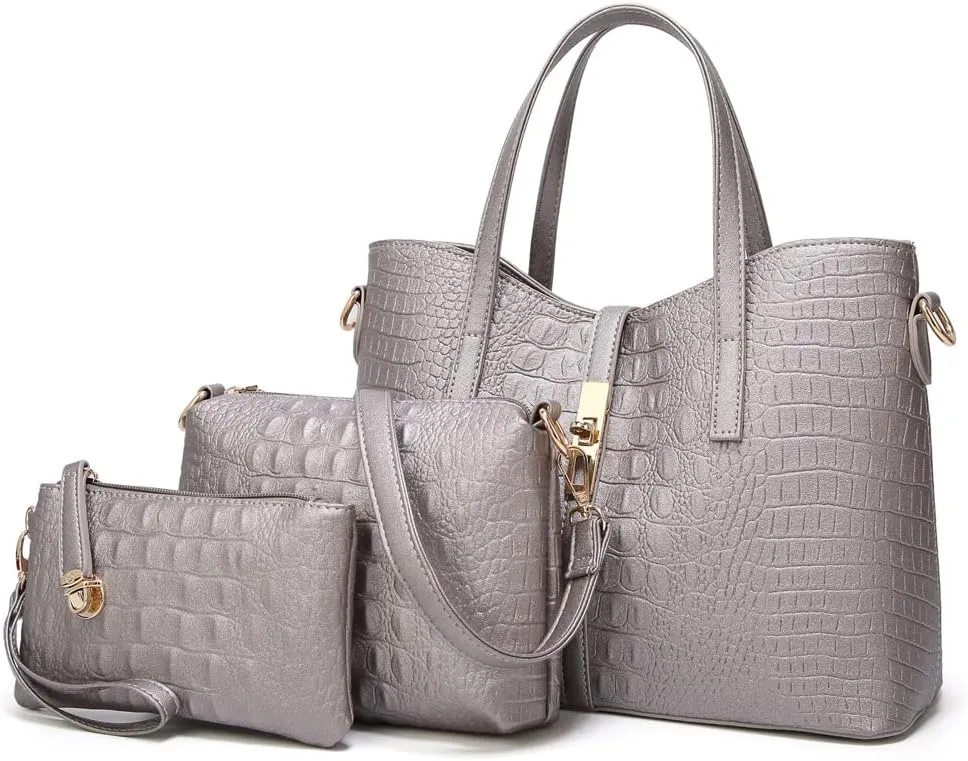 Yohora Women Crocodile Pattern Leather Tote Bag Large Capacity Top Handle Hanbag Crossbody Shoulder Purse Wallet 3pcs Set