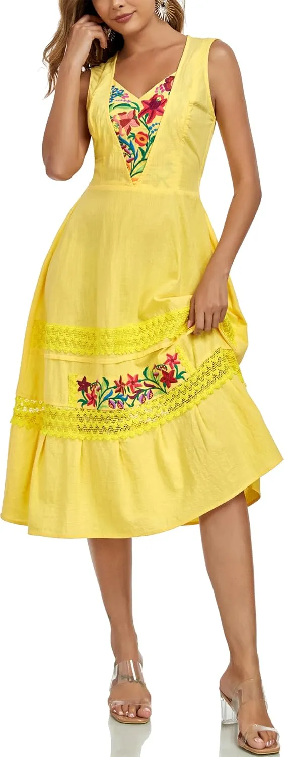 YZXDORWJ Women's Mexican Dress Floral Embroidered Causal Lace Ruffle Maxi Dress