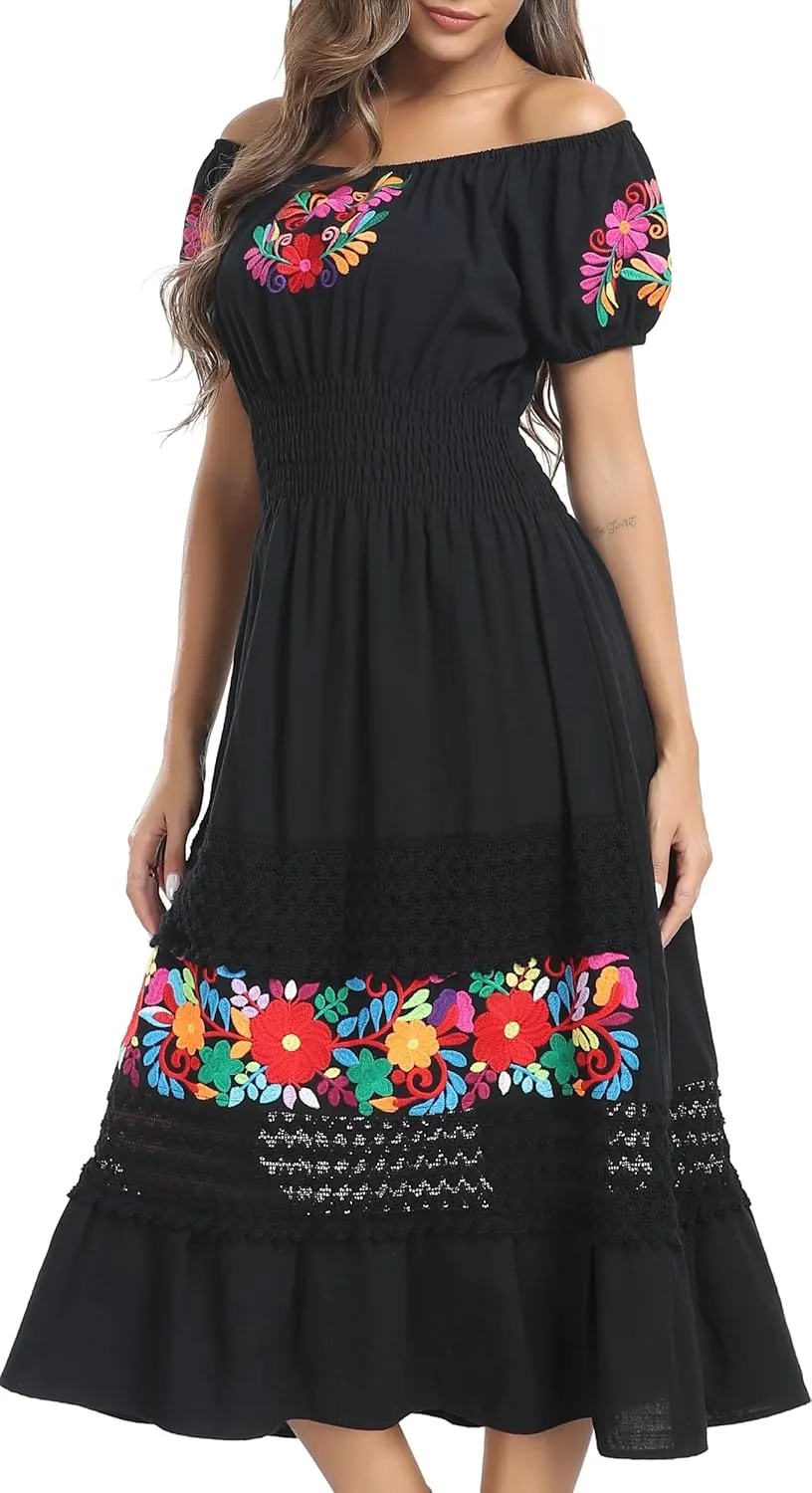 YZXDORWJ Women's Mexican Dress Floral Embroidered Causal Lace Ruffle Maxi Dress