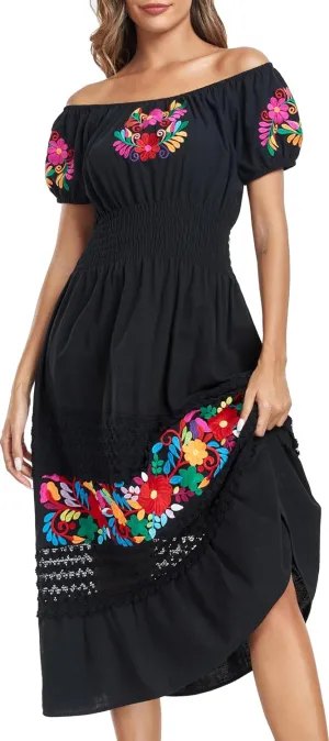 YZXDORWJ Women's Mexican Dress Floral Embroidered Causal Lace Ruffle Maxi Dress
