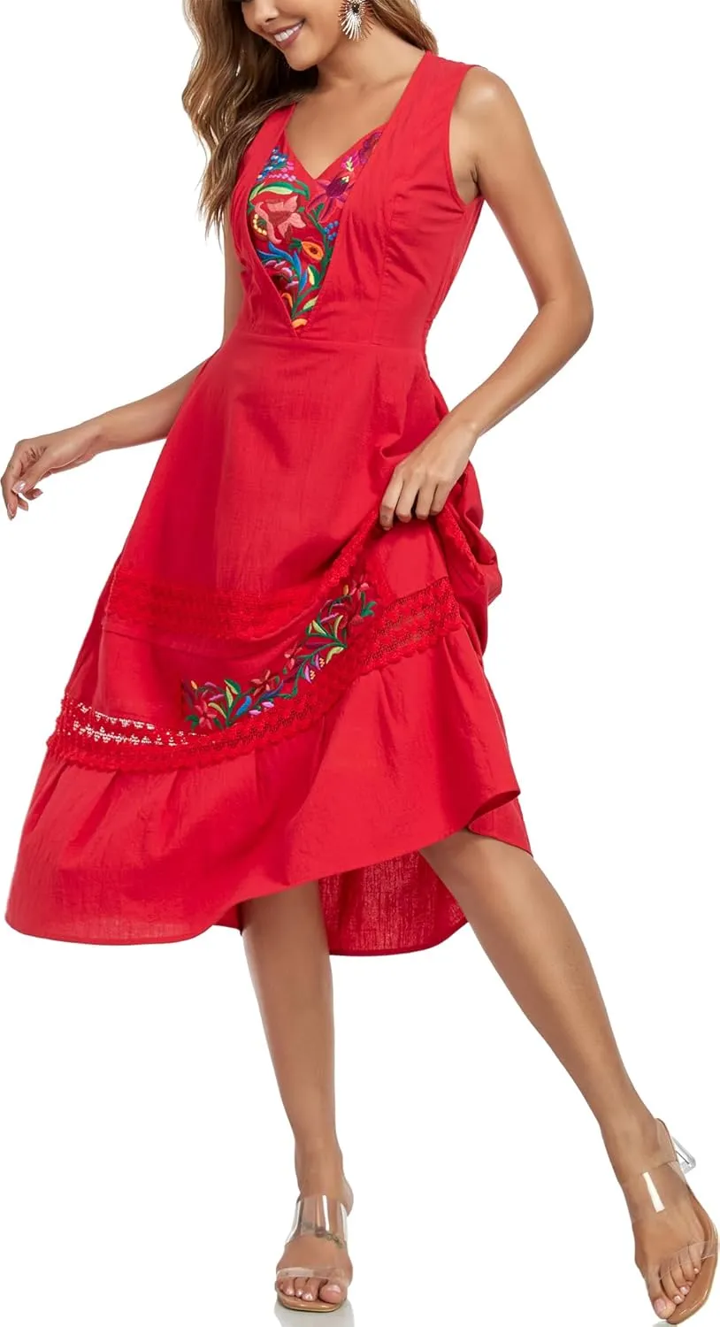 YZXDORWJ Women's Mexican Dress Floral Embroidered Causal Lace Ruffle Maxi Dress