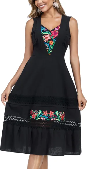 YZXDORWJ Women's Mexican Dress Floral Embroidered Causal Lace Ruffle Maxi Dress