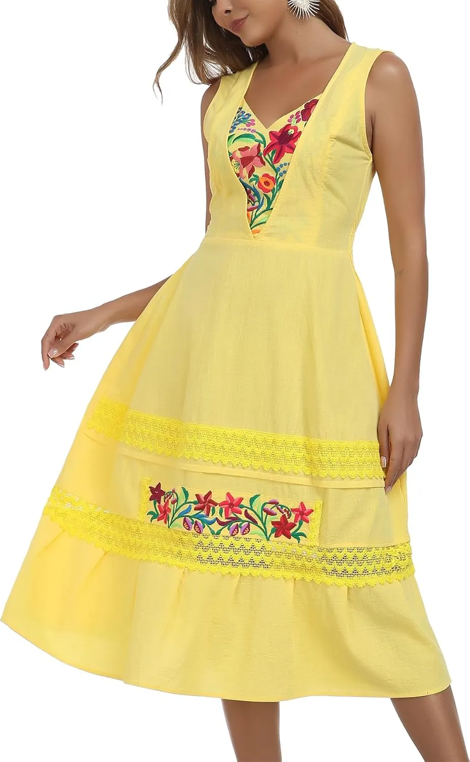 YZXDORWJ Women's Mexican Dress Floral Embroidered Causal Lace Ruffle Maxi Dress