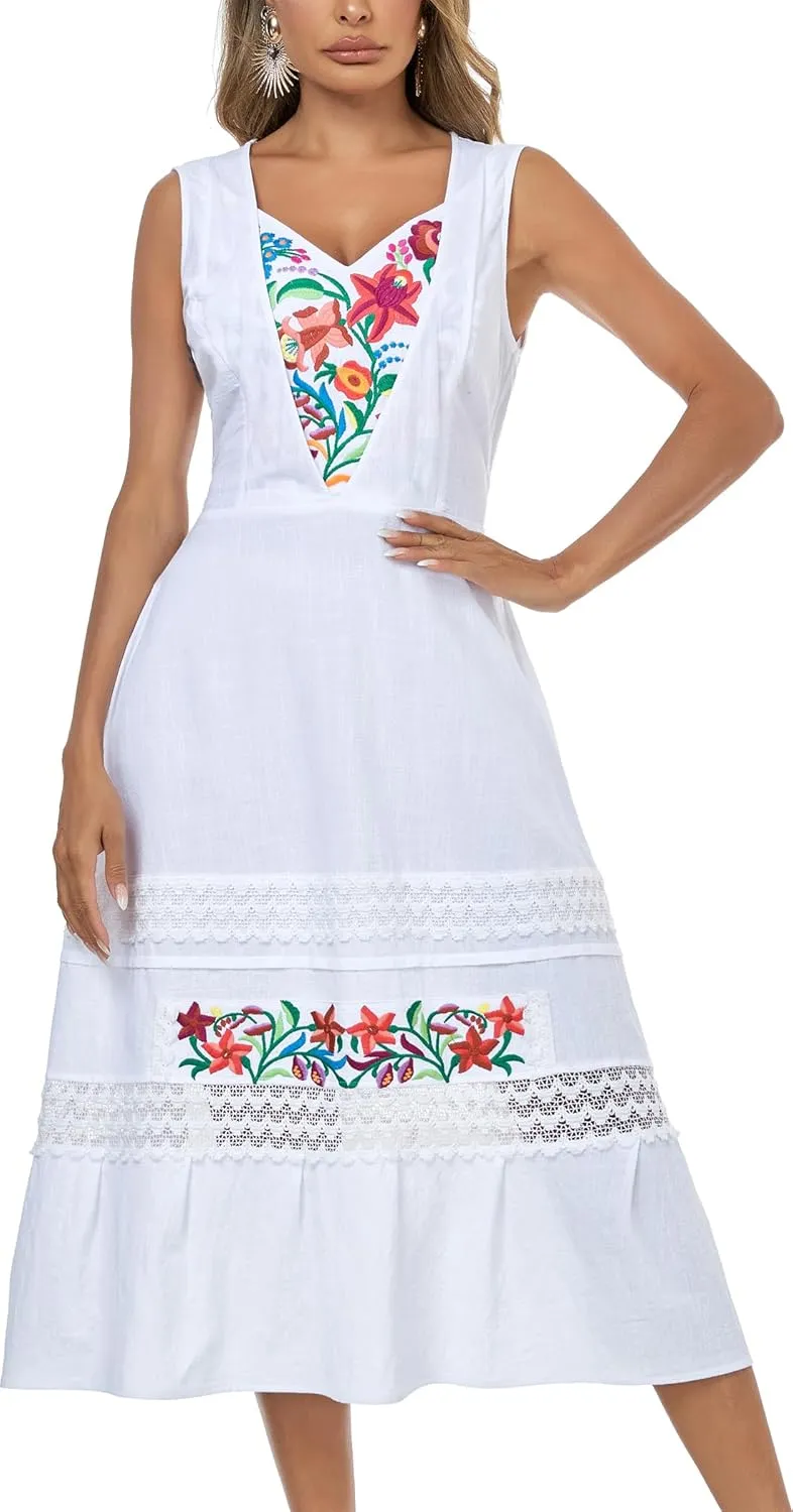 YZXDORWJ Women's Mexican Dress Floral Embroidered Causal Lace Ruffle Maxi Dress