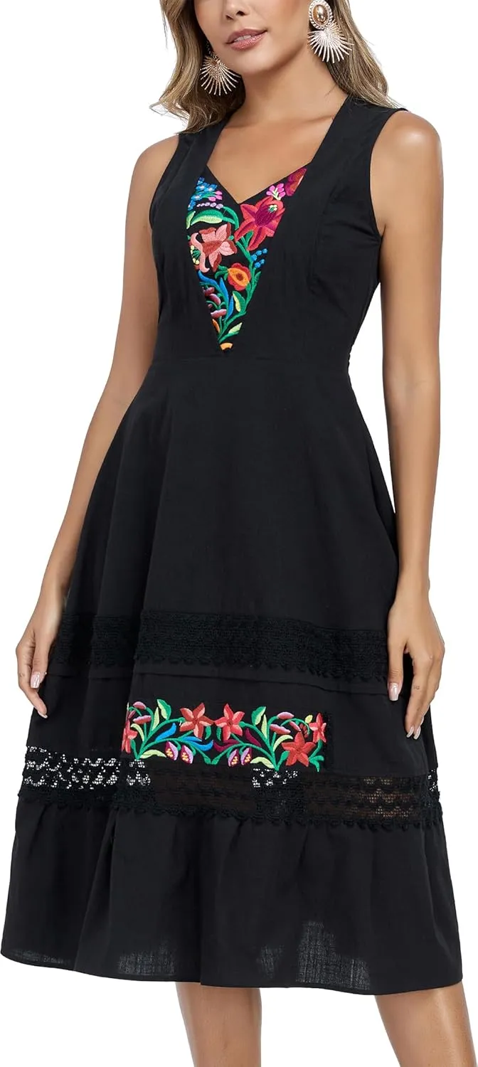YZXDORWJ Women's Mexican Dress Floral Embroidered Causal Lace Ruffle Maxi Dress