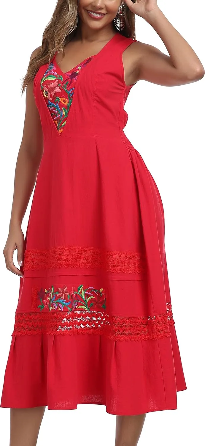 YZXDORWJ Women's Mexican Dress Floral Embroidered Causal Lace Ruffle Maxi Dress