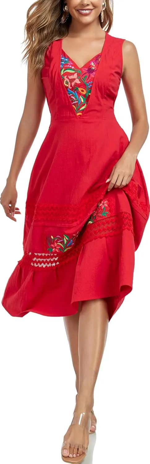 YZXDORWJ Women's Mexican Dress Floral Embroidered Causal Lace Ruffle Maxi Dress