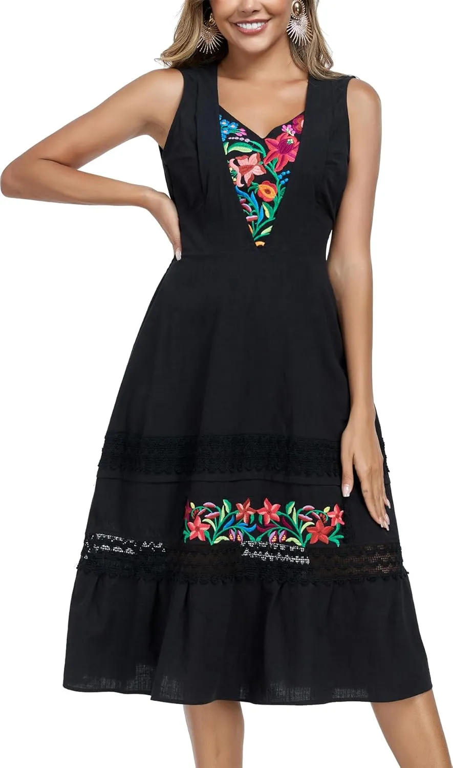 YZXDORWJ Women's Mexican Dress Floral Embroidered Causal Lace Ruffle Maxi Dress