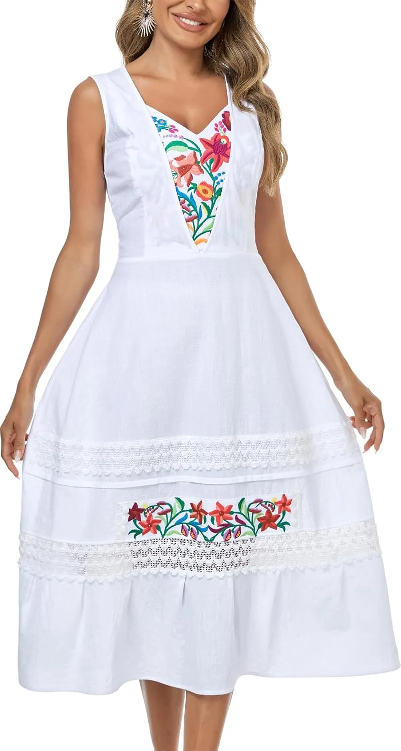 YZXDORWJ Women's Mexican Dress Floral Embroidered Causal Lace Ruffle Maxi Dress
