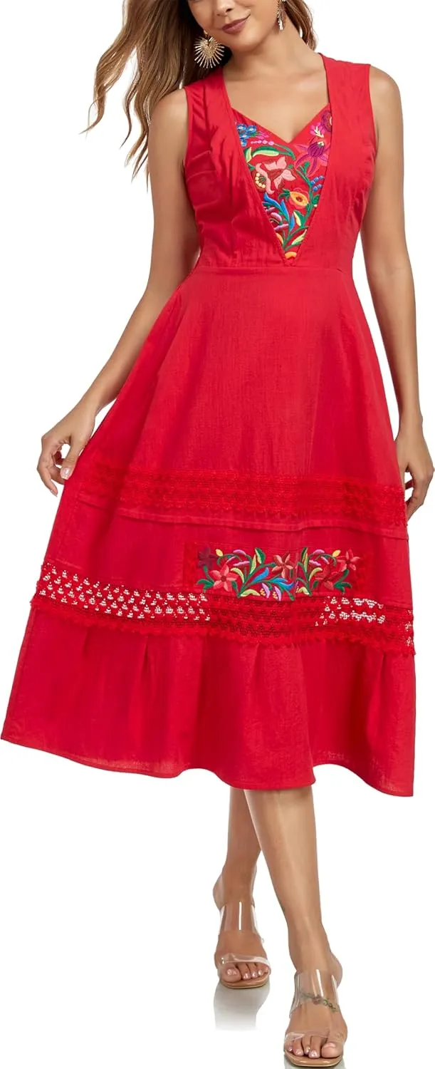 YZXDORWJ Women's Mexican Dress Floral Embroidered Causal Lace Ruffle Maxi Dress