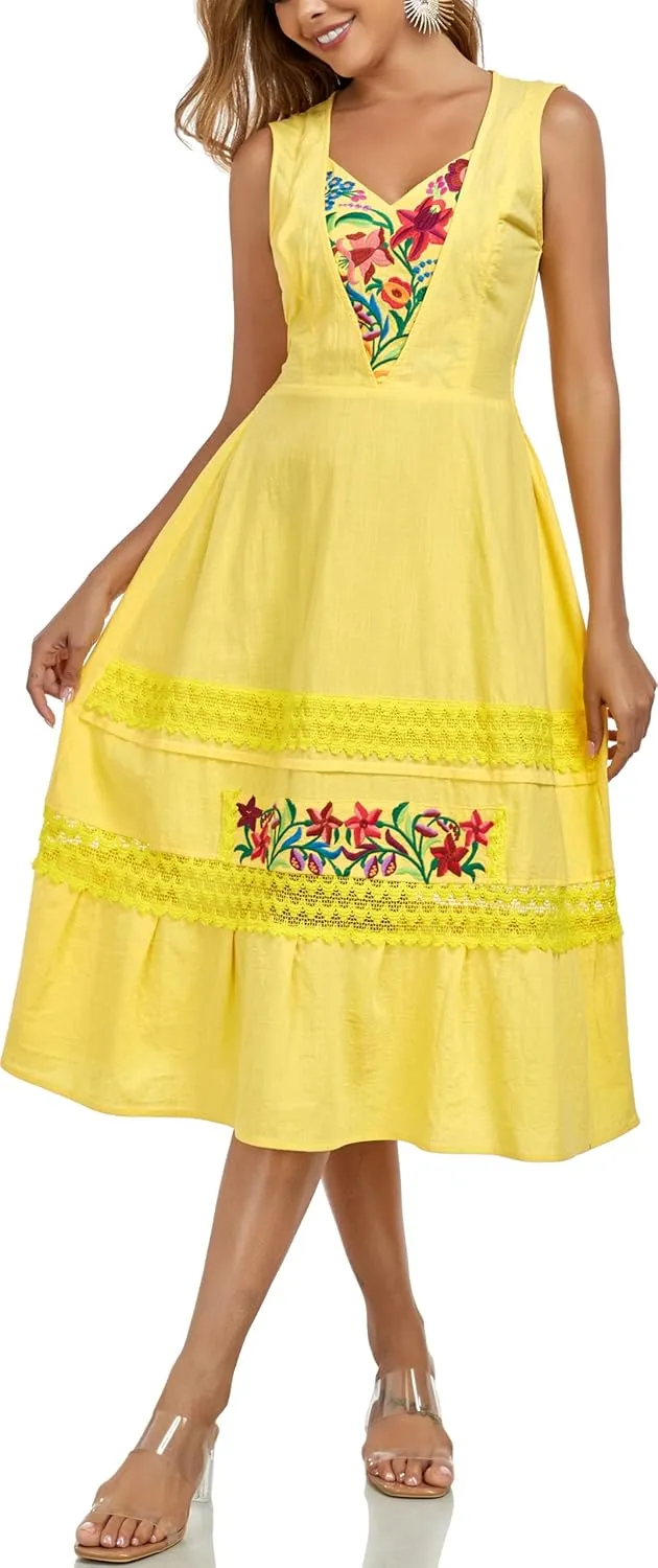 YZXDORWJ Women's Mexican Dress Floral Embroidered Causal Lace Ruffle Maxi Dress