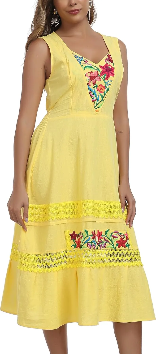 YZXDORWJ Women's Mexican Dress Floral Embroidered Causal Lace Ruffle Maxi Dress