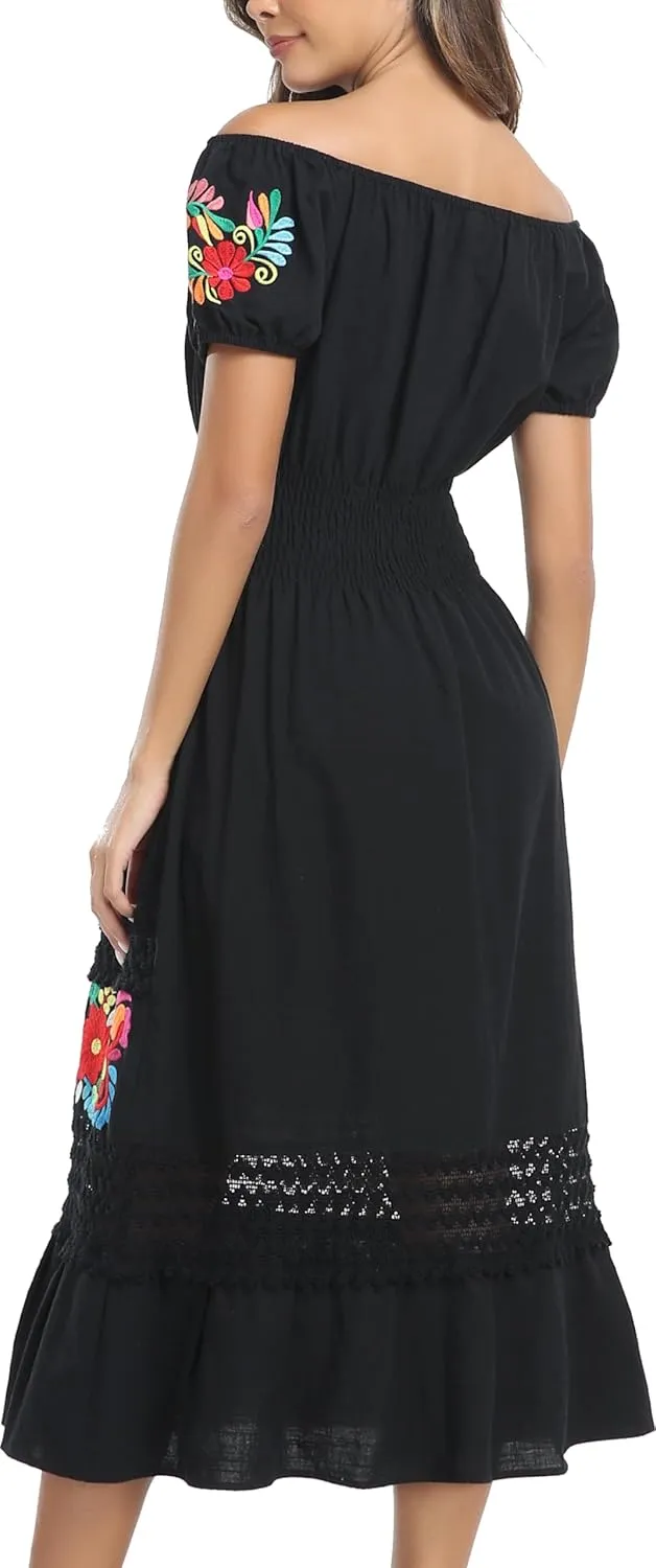 YZXDORWJ Women's Mexican Dress Floral Embroidered Causal Lace Ruffle Maxi Dress