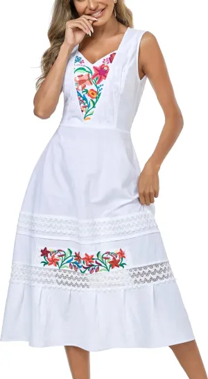 YZXDORWJ Women's Mexican Dress Floral Embroidered Causal Lace Ruffle Maxi Dress