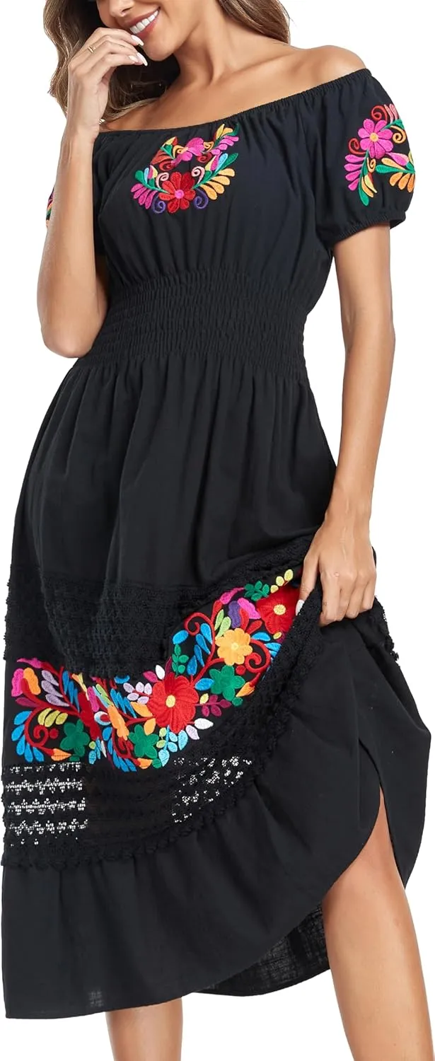 YZXDORWJ Women's Mexican Dress Floral Embroidered Causal Lace Ruffle Maxi Dress