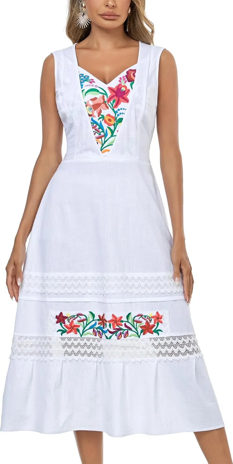 YZXDORWJ Women's Mexican Dress Floral Embroidered Causal Lace Ruffle Maxi Dress