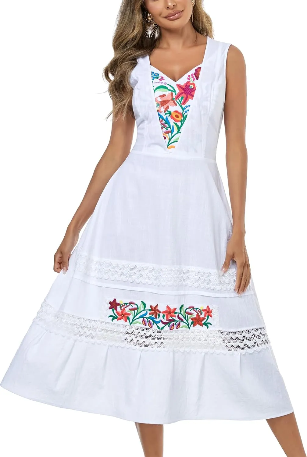 YZXDORWJ Women's Mexican Dress Floral Embroidered Causal Lace Ruffle Maxi Dress