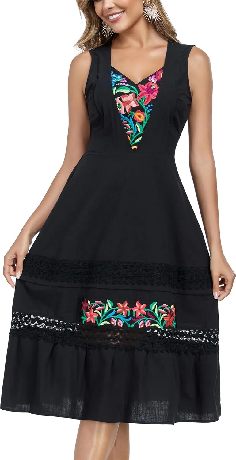 YZXDORWJ Women's Mexican Dress Floral Embroidered Causal Lace Ruffle Maxi Dress