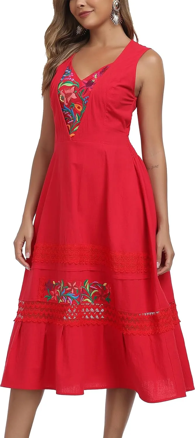 YZXDORWJ Women's Mexican Dress Floral Embroidered Causal Lace Ruffle Maxi Dress