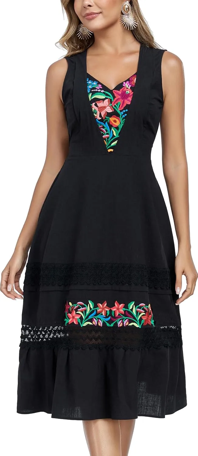 YZXDORWJ Women's Mexican Dress Floral Embroidered Causal Lace Ruffle Maxi Dress