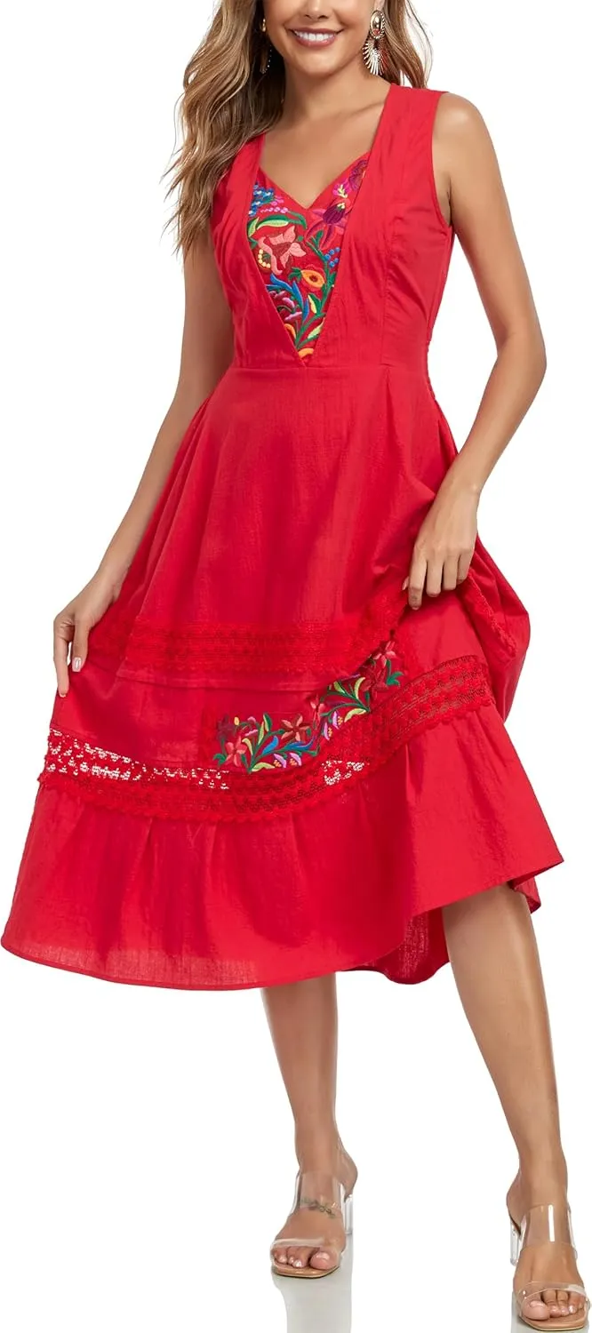 YZXDORWJ Women's Mexican Dress Floral Embroidered Causal Lace Ruffle Maxi Dress