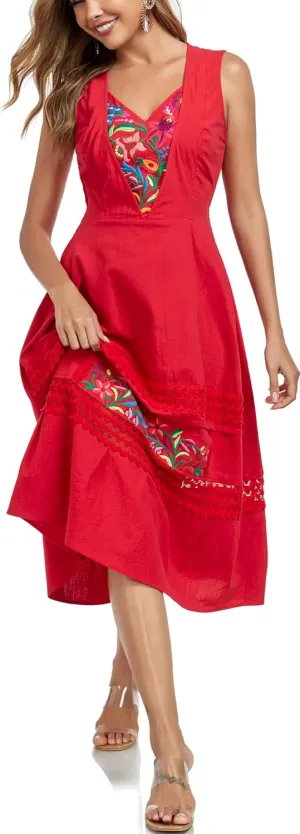 YZXDORWJ Women's Mexican Dress Floral Embroidered Causal Lace Ruffle Maxi Dress