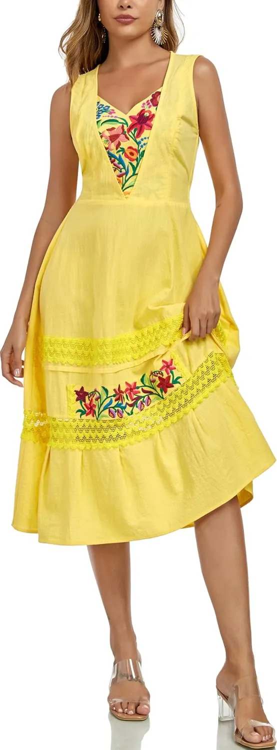 YZXDORWJ Women's Mexican Dress Floral Embroidered Causal Lace Ruffle Maxi Dress
