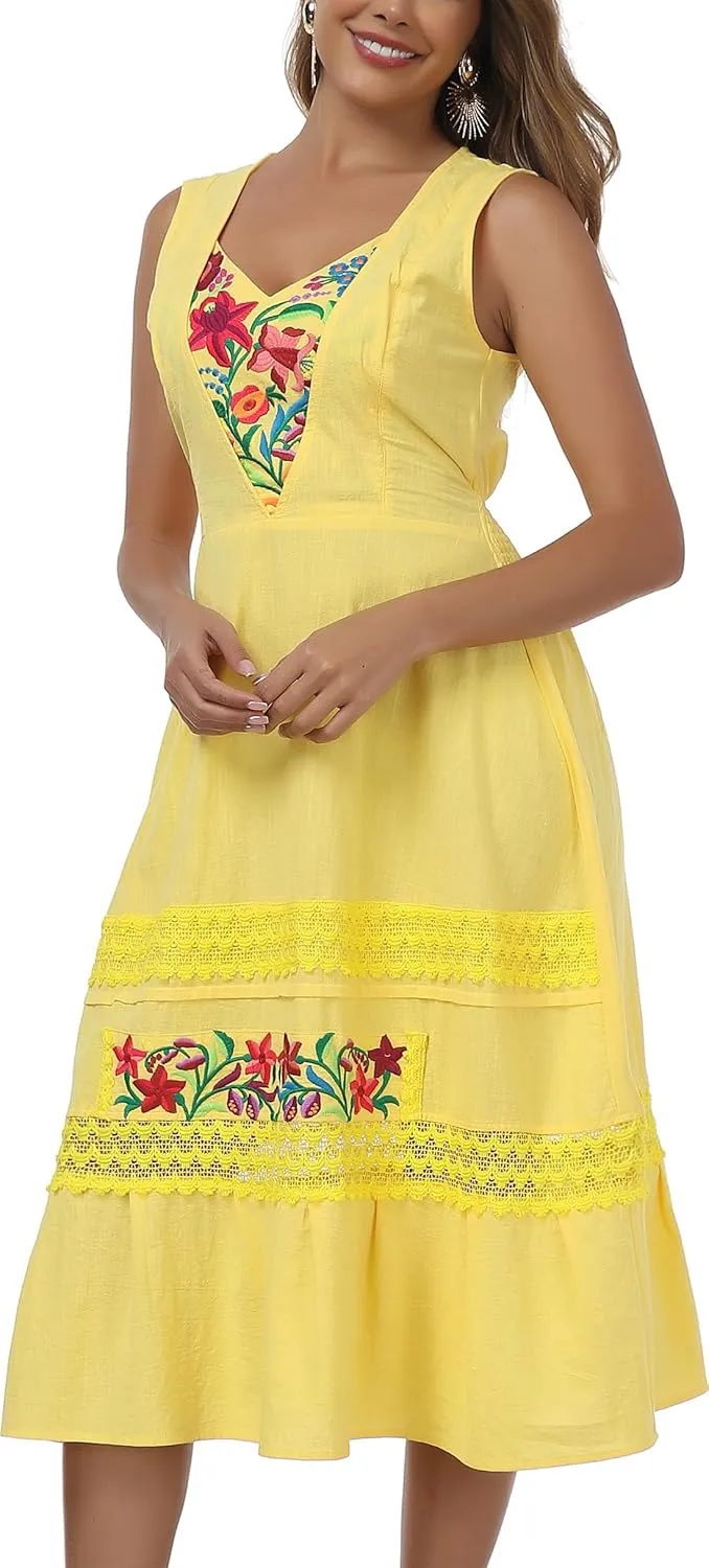 YZXDORWJ Women's Mexican Dress Floral Embroidered Causal Lace Ruffle Maxi Dress