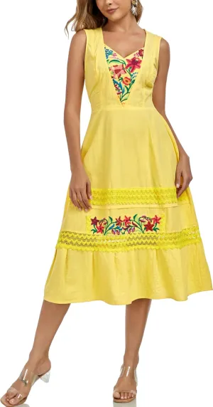 YZXDORWJ Women's Mexican Dress Floral Embroidered Causal Lace Ruffle Maxi Dress