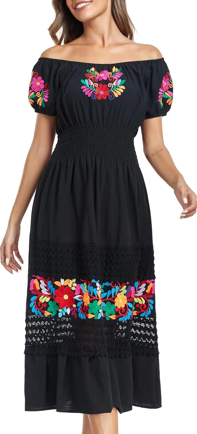 YZXDORWJ Women's Mexican Dress Floral Embroidered Causal Lace Ruffle Maxi Dress