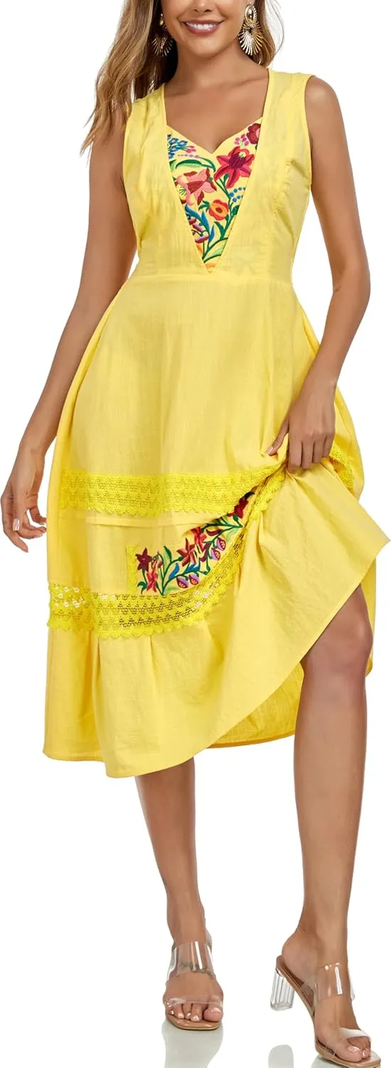 YZXDORWJ Women's Mexican Dress Floral Embroidered Causal Lace Ruffle Maxi Dress