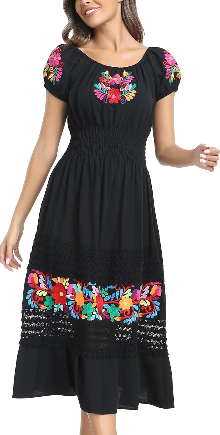 YZXDORWJ Women's Mexican Dress Floral Embroidered Causal Lace Ruffle Maxi Dress