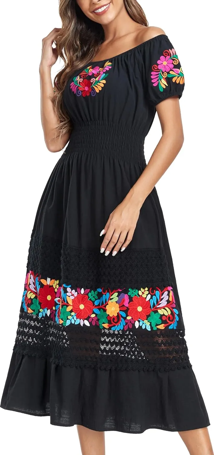 YZXDORWJ Women's Mexican Dress Floral Embroidered Causal Lace Ruffle Maxi Dress