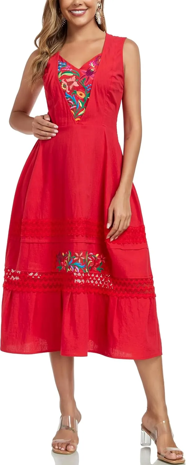 YZXDORWJ Women's Mexican Dress Floral Embroidered Causal Lace Ruffle Maxi Dress