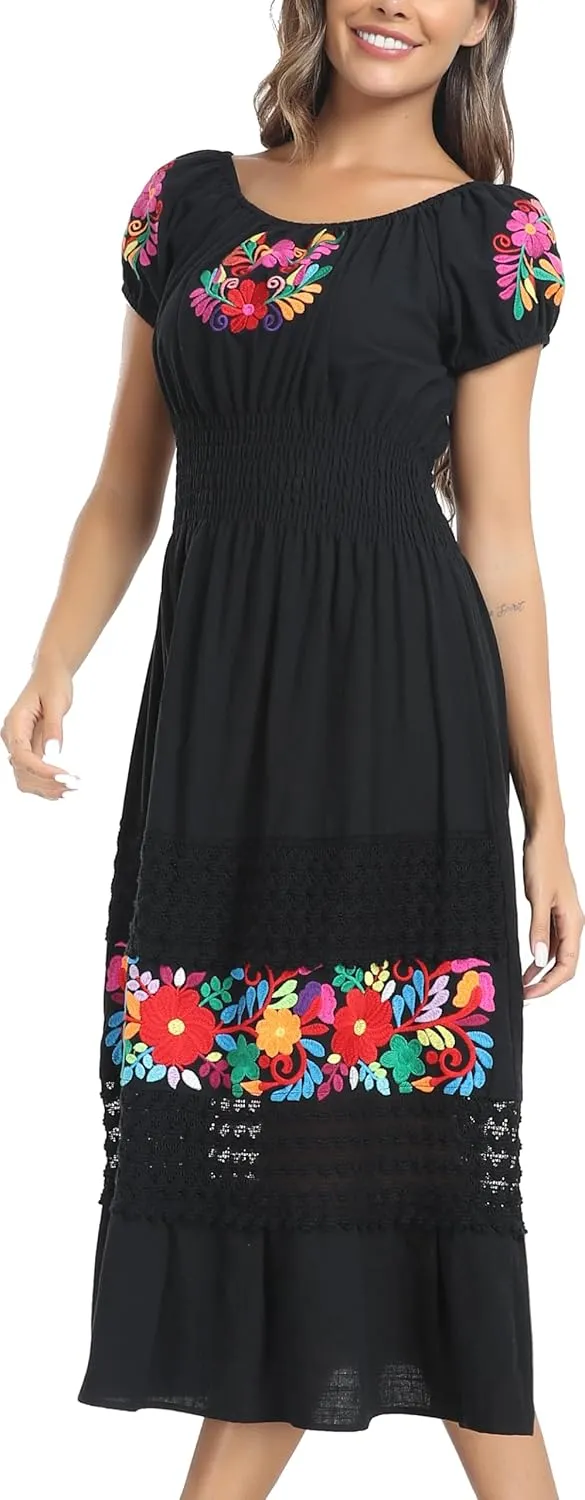 YZXDORWJ Women's Mexican Dress Floral Embroidered Causal Lace Ruffle Maxi Dress