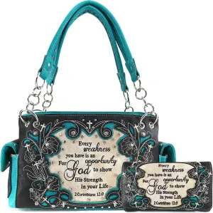 Zelris Bible Verse Corinthians 12:9 God Women Conceal Carry Handbag Wallet Set
