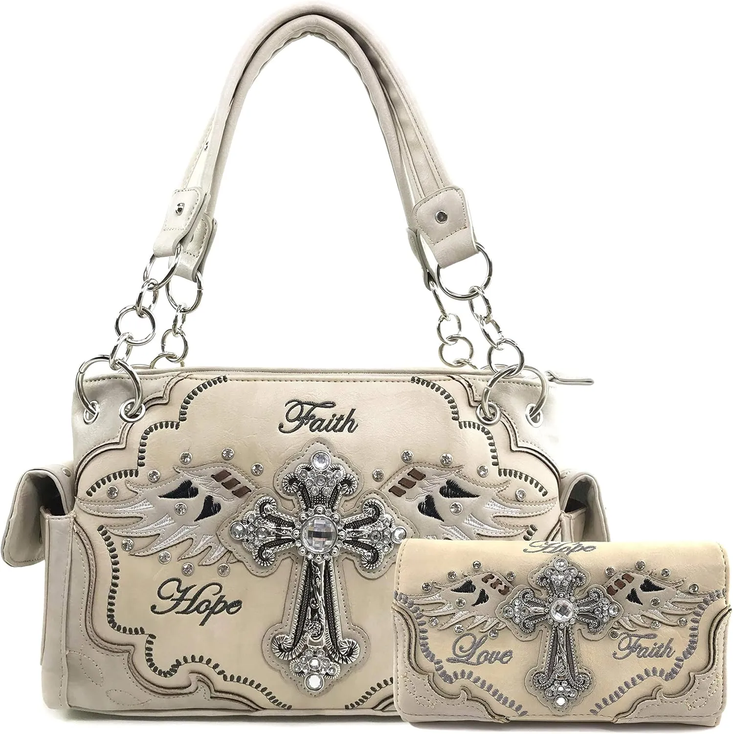 Zelris Faith Love Hope Cross Angel Wing Women Conceal Carry Handbag Wallet Set