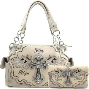 Zelris Faith Love Hope Cross Angel Wing Women Conceal Carry Handbag Wallet Set