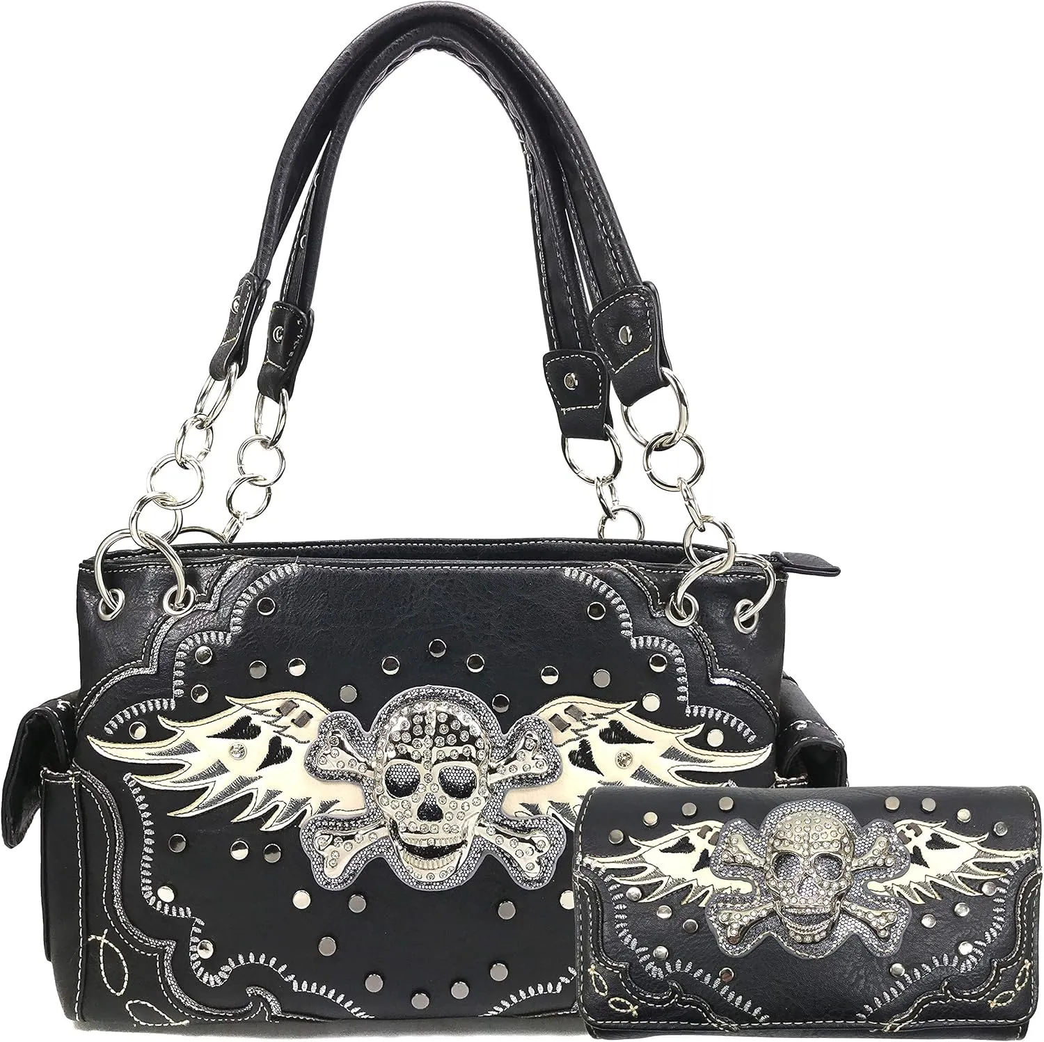 Zelris Skull Crossbones Angel Wings Heart Women Conceal Carry Handbag Wallet Set