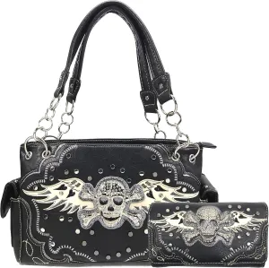 Zelris Skull Crossbones Angel Wings Heart Women Conceal Carry Handbag Wallet Set