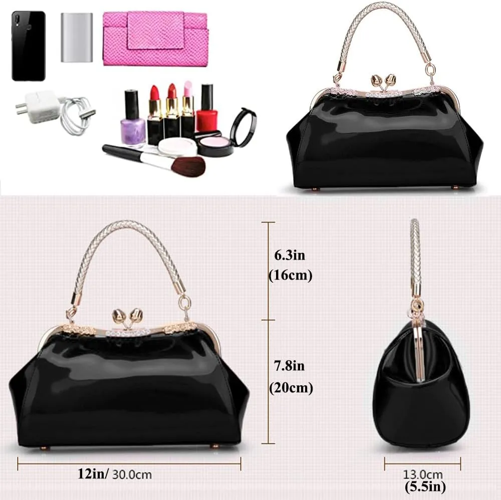 ZiMing Glossy Patent Leather Handbags Women Kiss Lock Purse Top Handle Handbag Evening Bag Satchel Shoulder Crossbody Bag