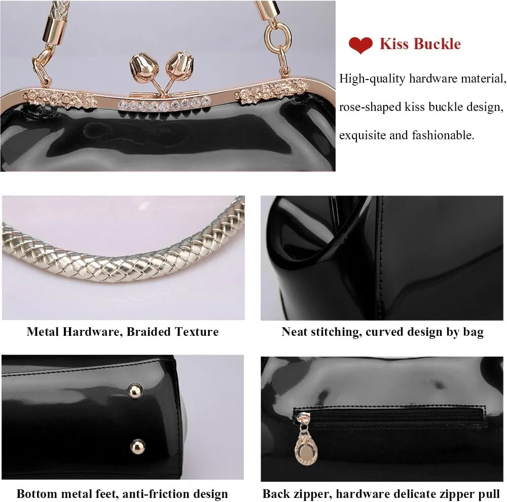 ZiMing Glossy Patent Leather Handbags Women Kiss Lock Purse Top Handle Handbag Evening Bag Satchel Shoulder Crossbody Bag
